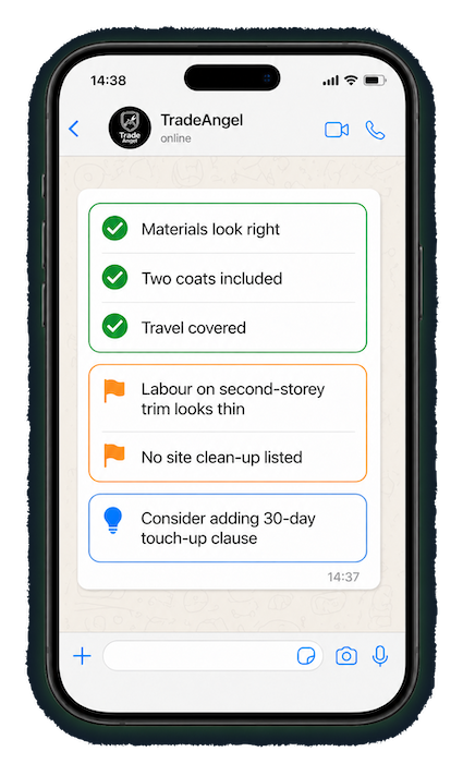 TradeAngel WhatsApp chat showing quote review checks for materials, labour and client terms